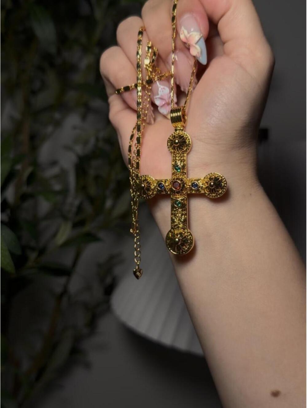 Gold cross necklace with multi coloured stones